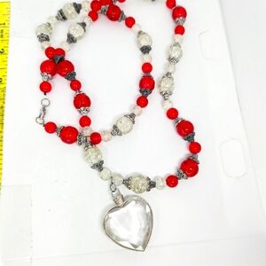 Vintage Czech Druk Cherry Red White Crackle Glass Bead Necklace Heart Pendant